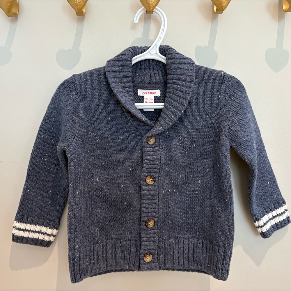 Joe Fresh Navy Shawl Collar Button Cardigan with Stripe Cuffs